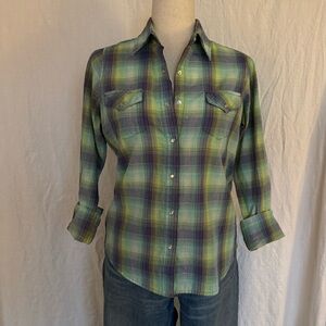 Wrangler Wrancher Western Style Green & Purple Plaid Shirt w/Pearl Snap Buttons